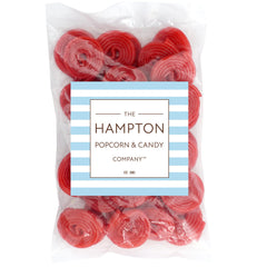 THE HAMPTON CANDY COMPANY primer plano de rueda de regaliz mostrando textura masticable