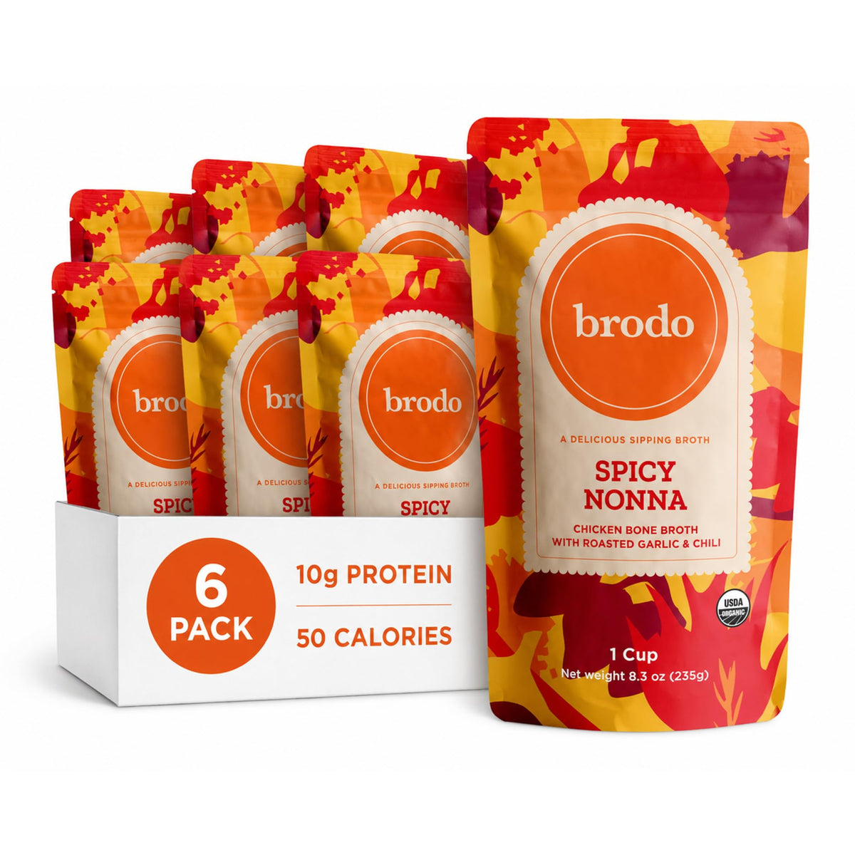 Brodo pouch frontal de Roasted Garlic & Chili Chicken mostrando conveniencia y sabor