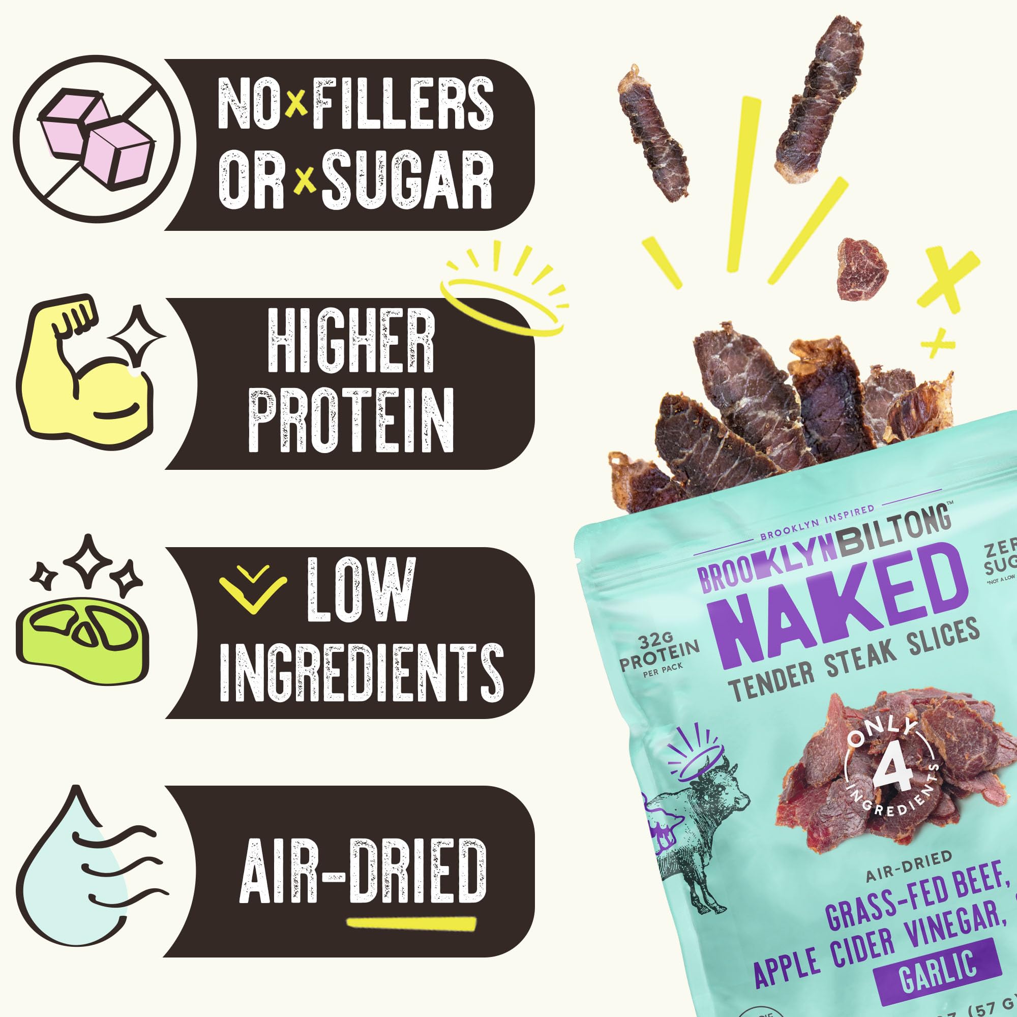 Brooklyn Biltong detalle de etiqueta que resalta ingredientes reales
