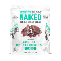 Brooklyn Biltong empaque frontal mostrando snack proteico y conveniencia