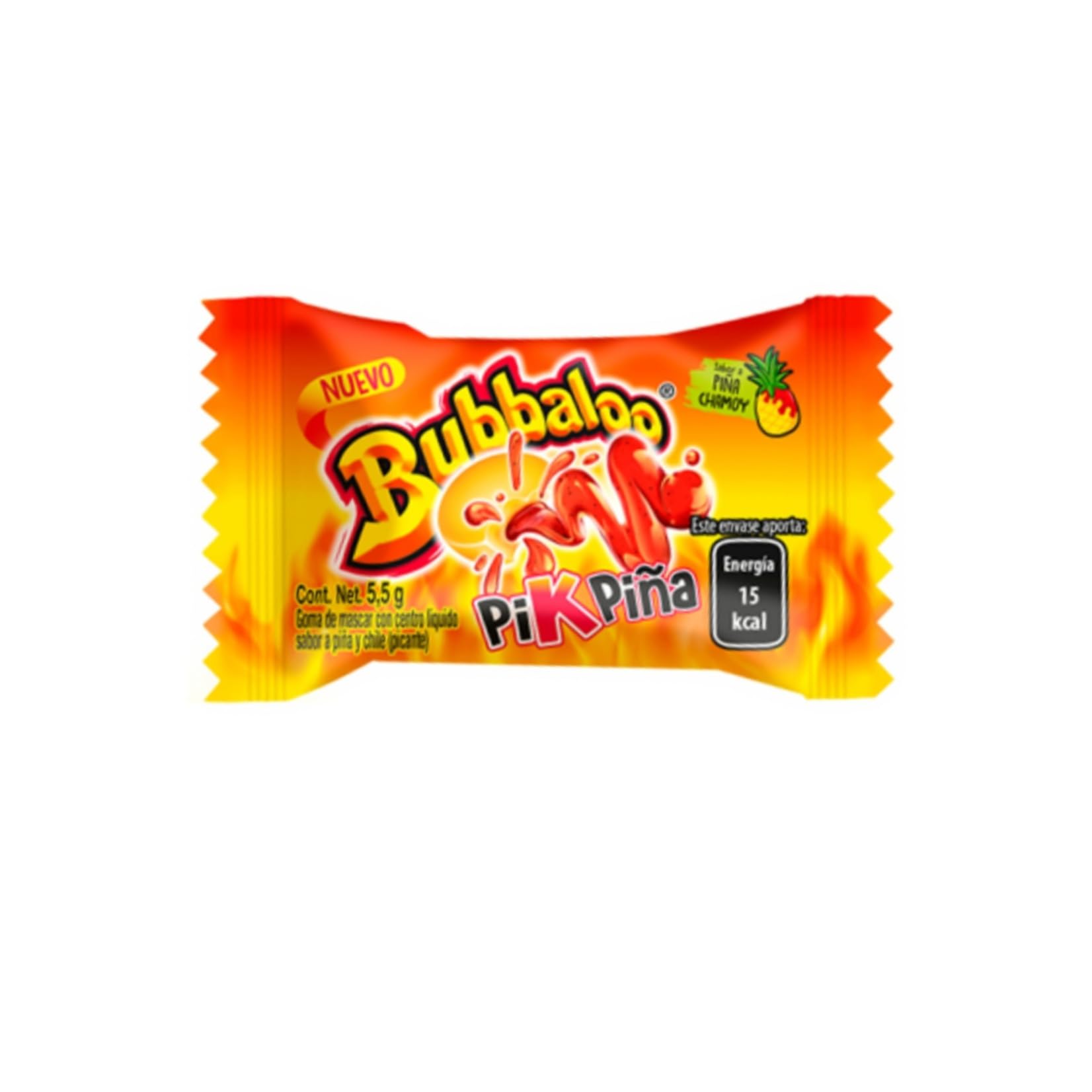 Corte de chicle Bubbaloo Pik-Piña con relleno líquido de chamoy visible