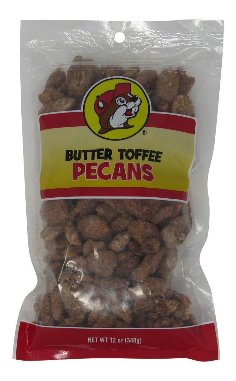 Buc-ee's vista frontal del paquete resellable con pacanas toffee, facilita llevar y conservar