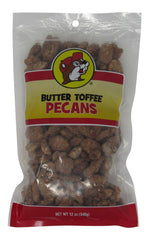 Buc-ee's vista frontal del paquete resellable con pacanas toffee, facilita llevar y conservar