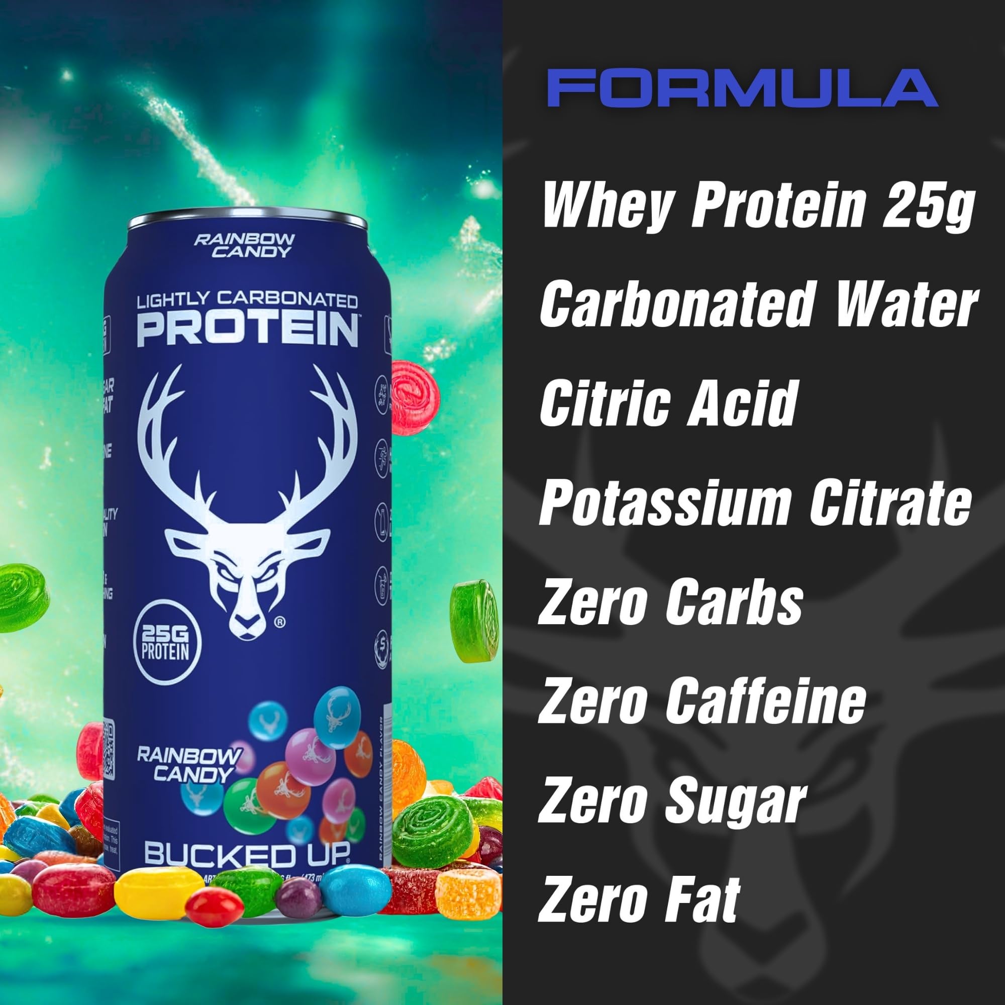 Bucked Up etiqueta nutricional cerca destacando 25g de aislado y cero azúcar