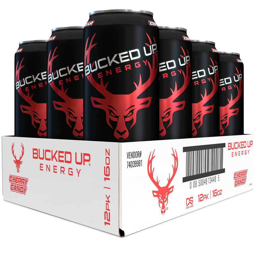 Bucked Up lata frontal Cherry Hard Candy con diseño y beneficio de energía inmediata
