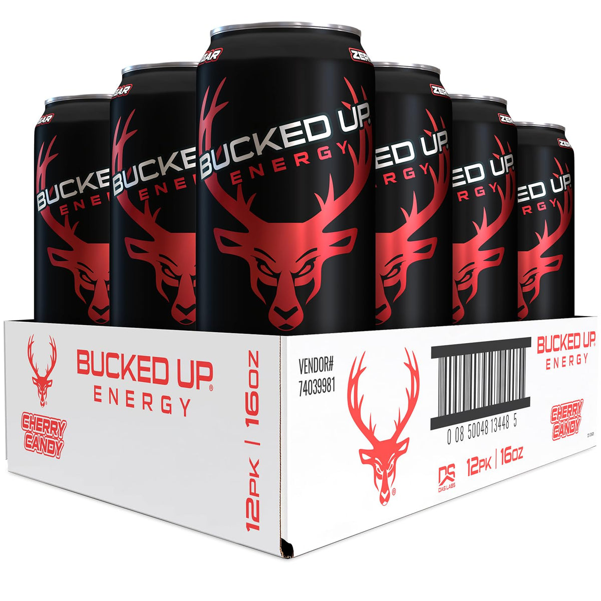 Bucked Up lata frontal Cherry Hard Candy con diseño y beneficio de energía inmediata