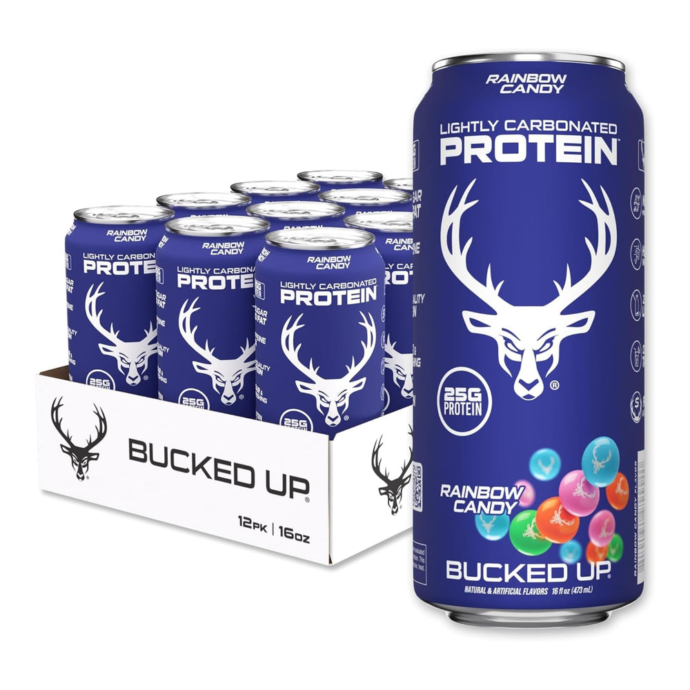 Bucked Up lata frontal Rainbow Candy mostrando diseño y sabor refrescante