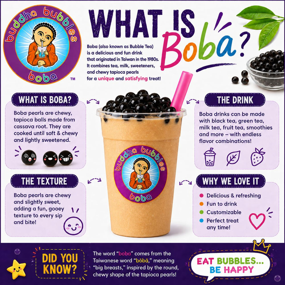 Buddha Bubbles Boba perlas en vaso con té, mejora la experiencia del bubble tea