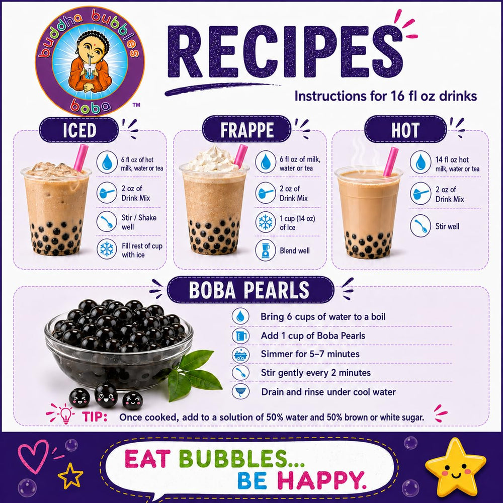 Buddha Bubbles Boba porciones y escala comparativa para calcular rendimiento