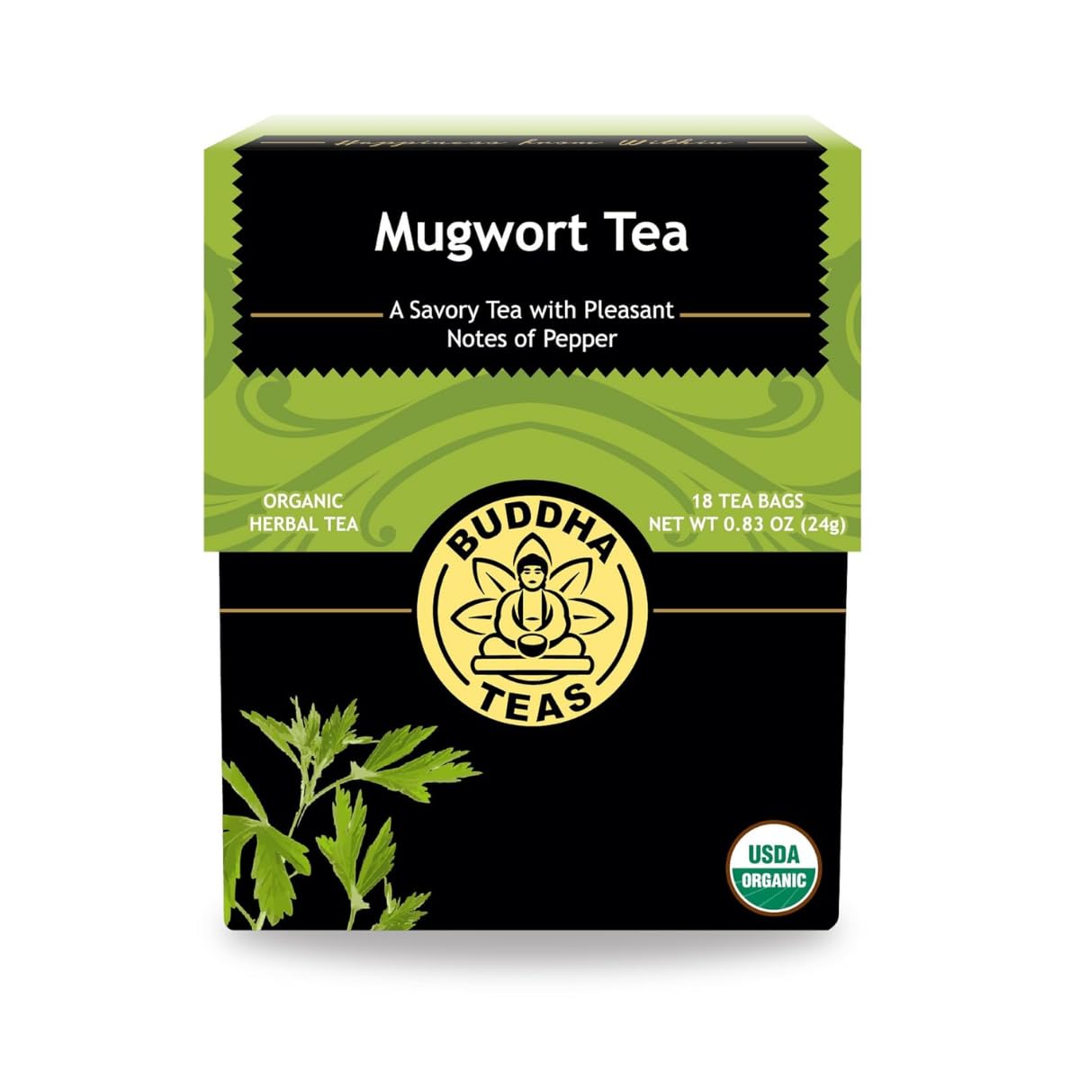 Buddha Teas empaque frontal mostrando artemisa y beneficio natural