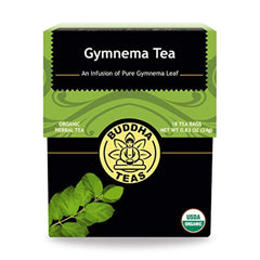 Buddha Teas paquete frontal de gymnema mostrando sello orgánico y beneficio de pureza
