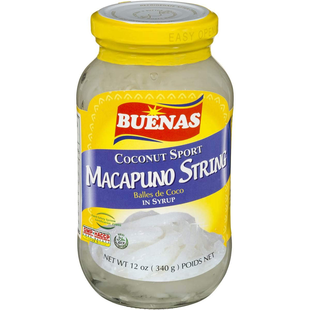 Buenas macapuno frasco frontal mostrando bolas de coco, práctico y listo para consumir