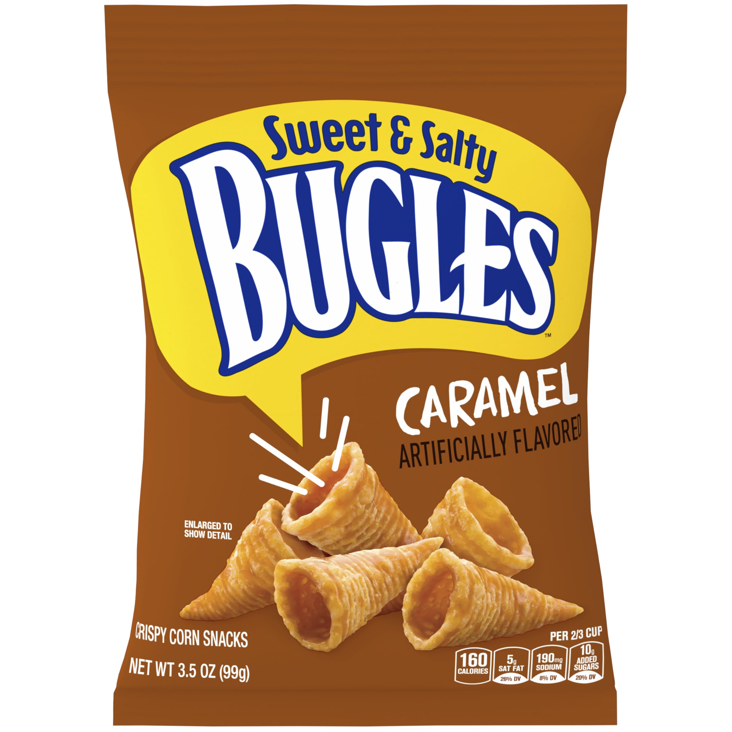 Bugles frente del paquete mostrando porción individual y conveniencia