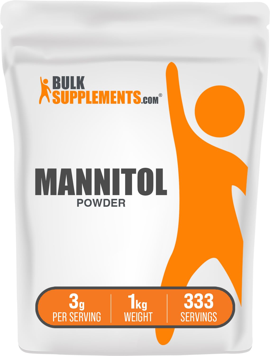 BulkSupplements envase frontal de Mannitol muestra tamaño y presentación segura