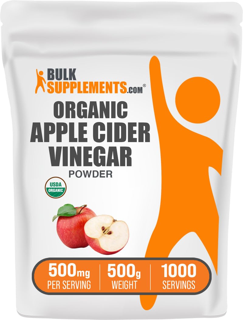 BulkSupplements envase frontal del vinagre en polvo, presentación clara y práctica