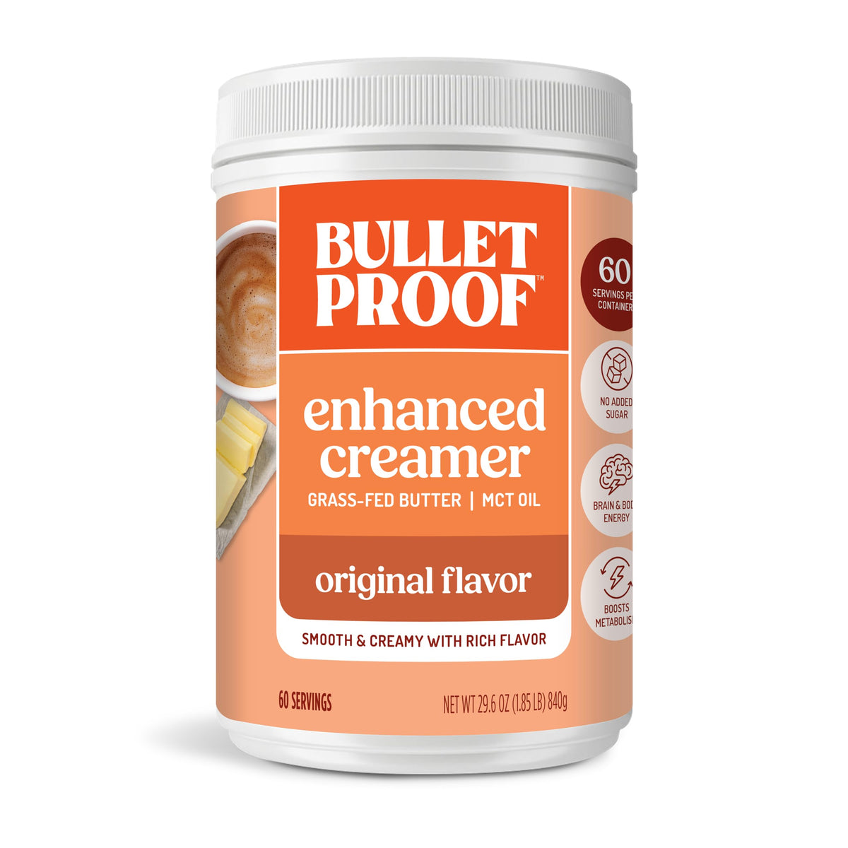 Bulletproof envase frontal mostrando el tamaño de valor y diseño claro