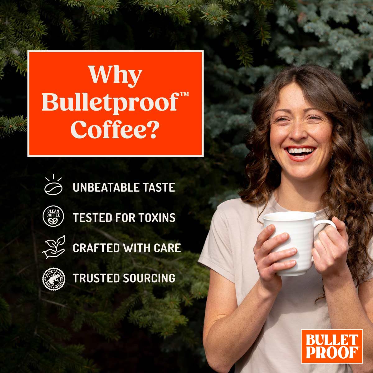 Etiqueta Bulletproof con información de origen y certificación visible