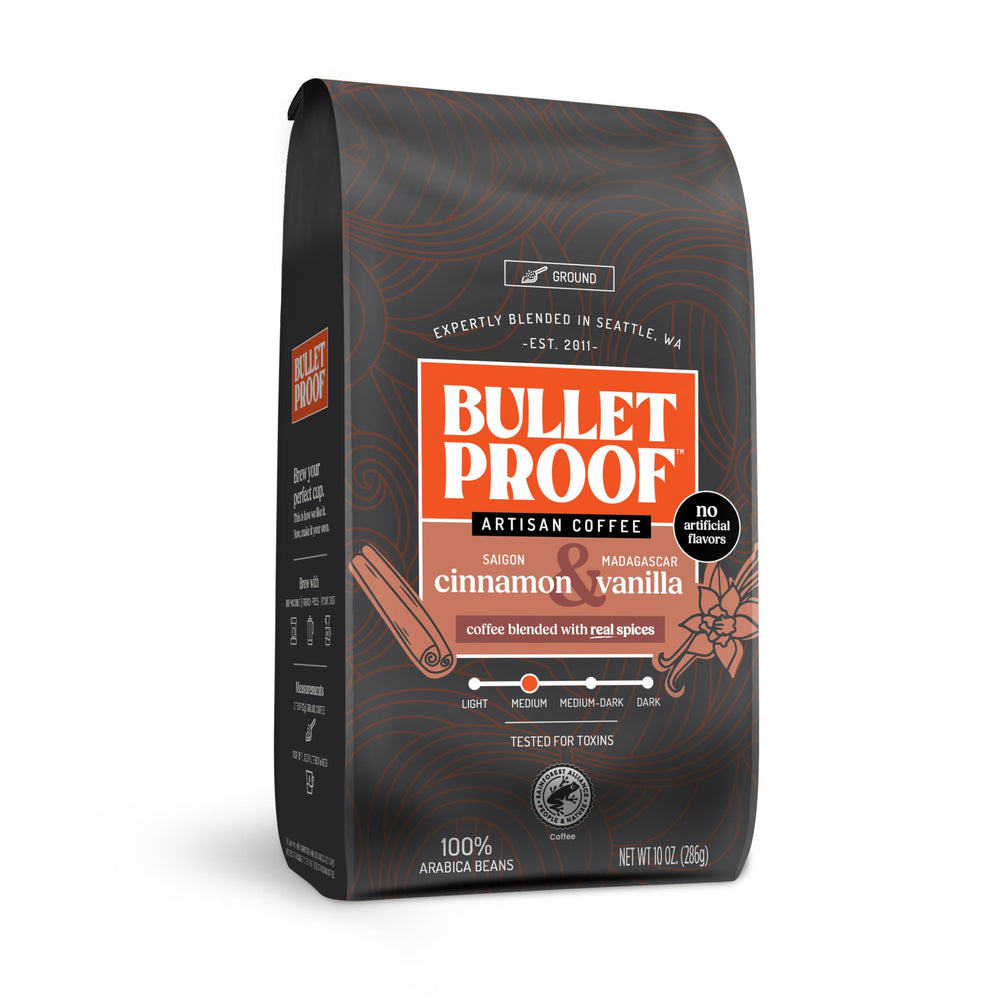 Bulletproof bolsa frontal con diseño y sabor canela y vainilla mostrando presentación