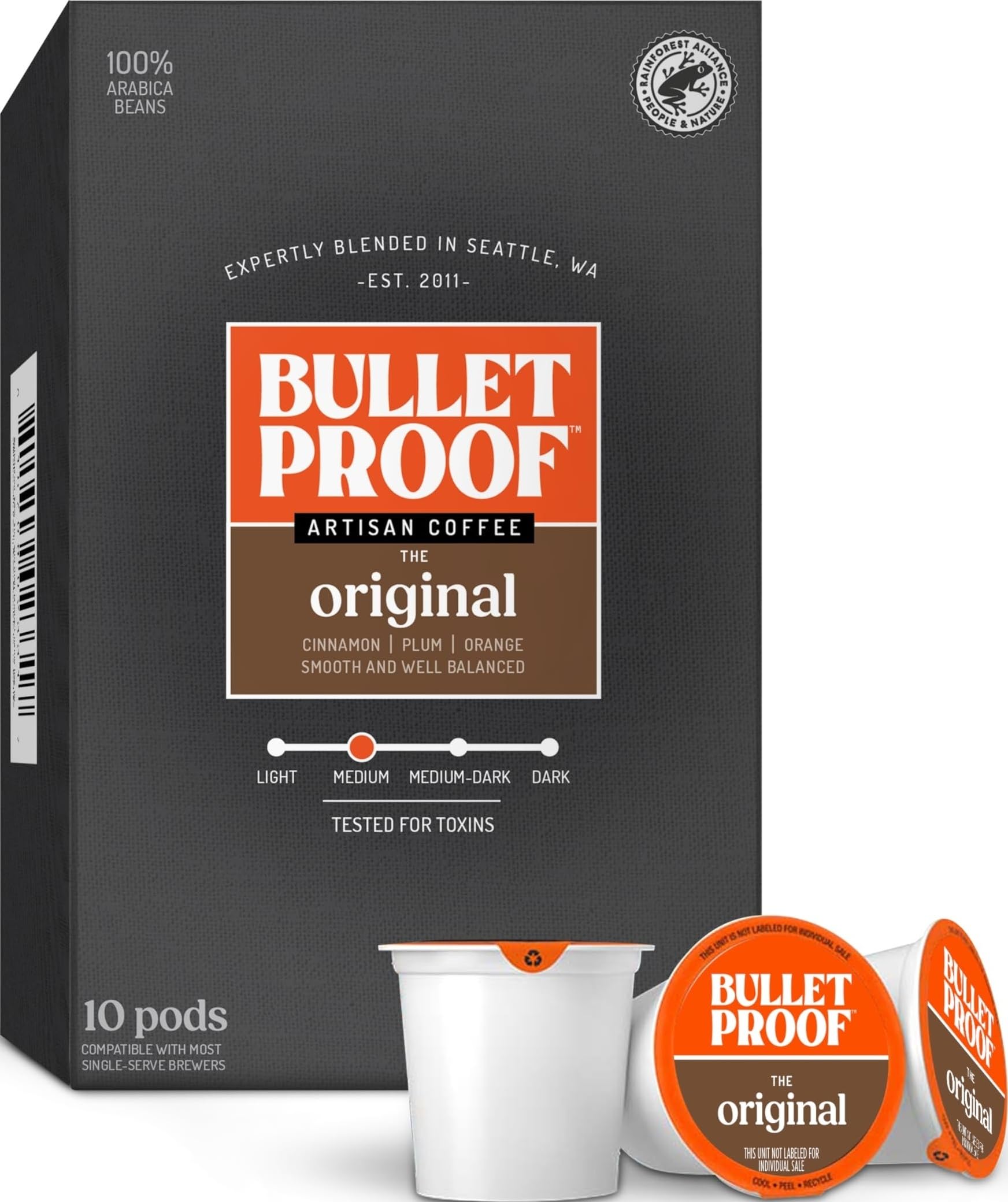 Bulletproof frontal de la caja de cápsulas mostrando diseño y conveniencia