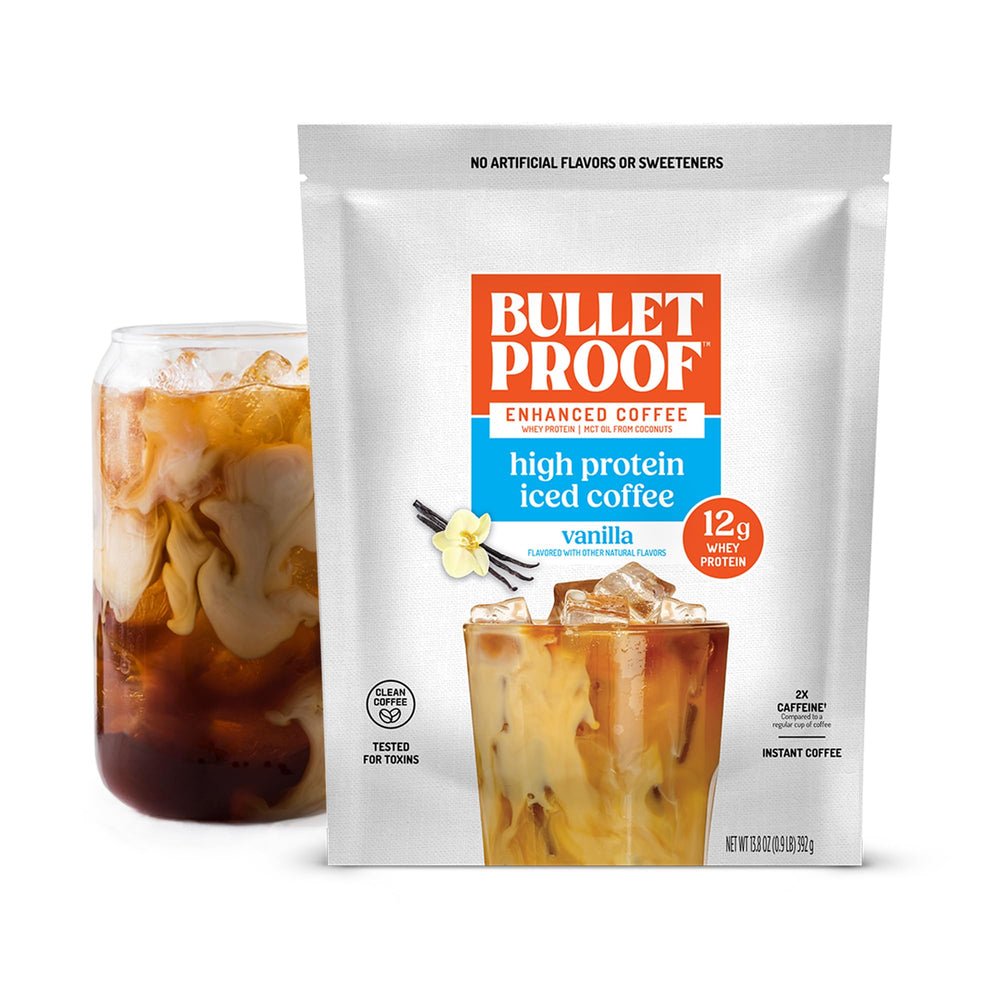 Bulletproof frasco frontal mostrando embalaje y porciones prácticas