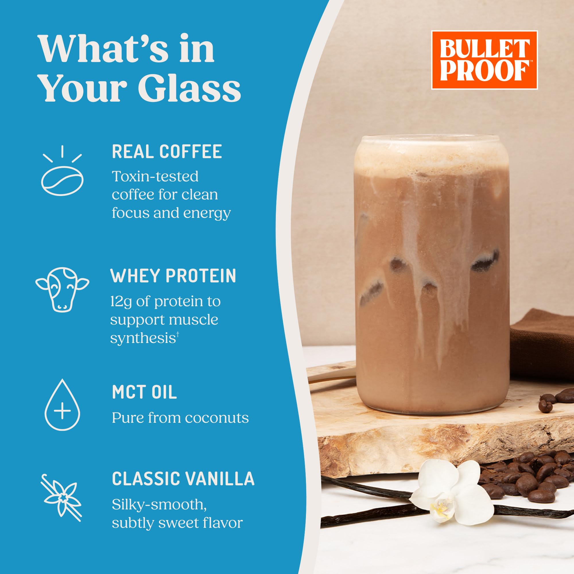 Bulletproof vaso con café helado preparado, energía y proteína rápida