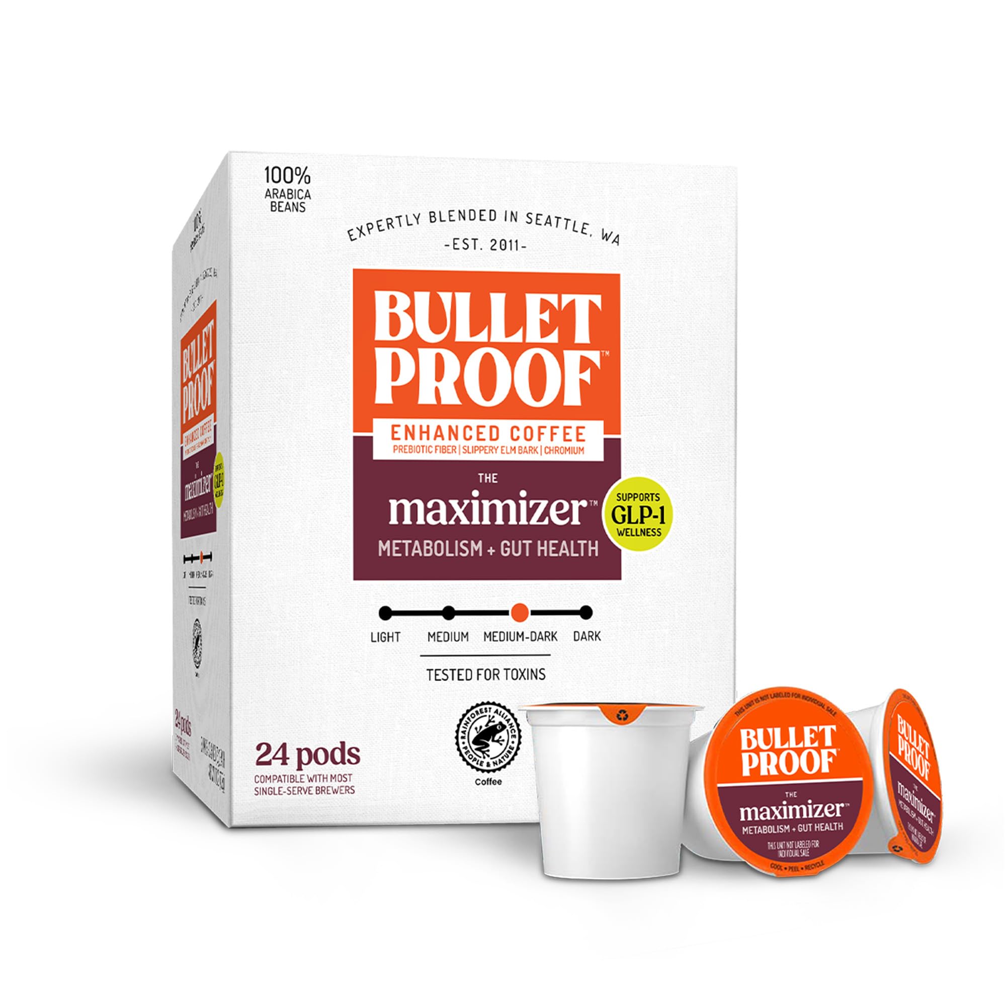 Bulletproof caja frontal de The Maximizer mostrando 24 cápsulas y conveniencia