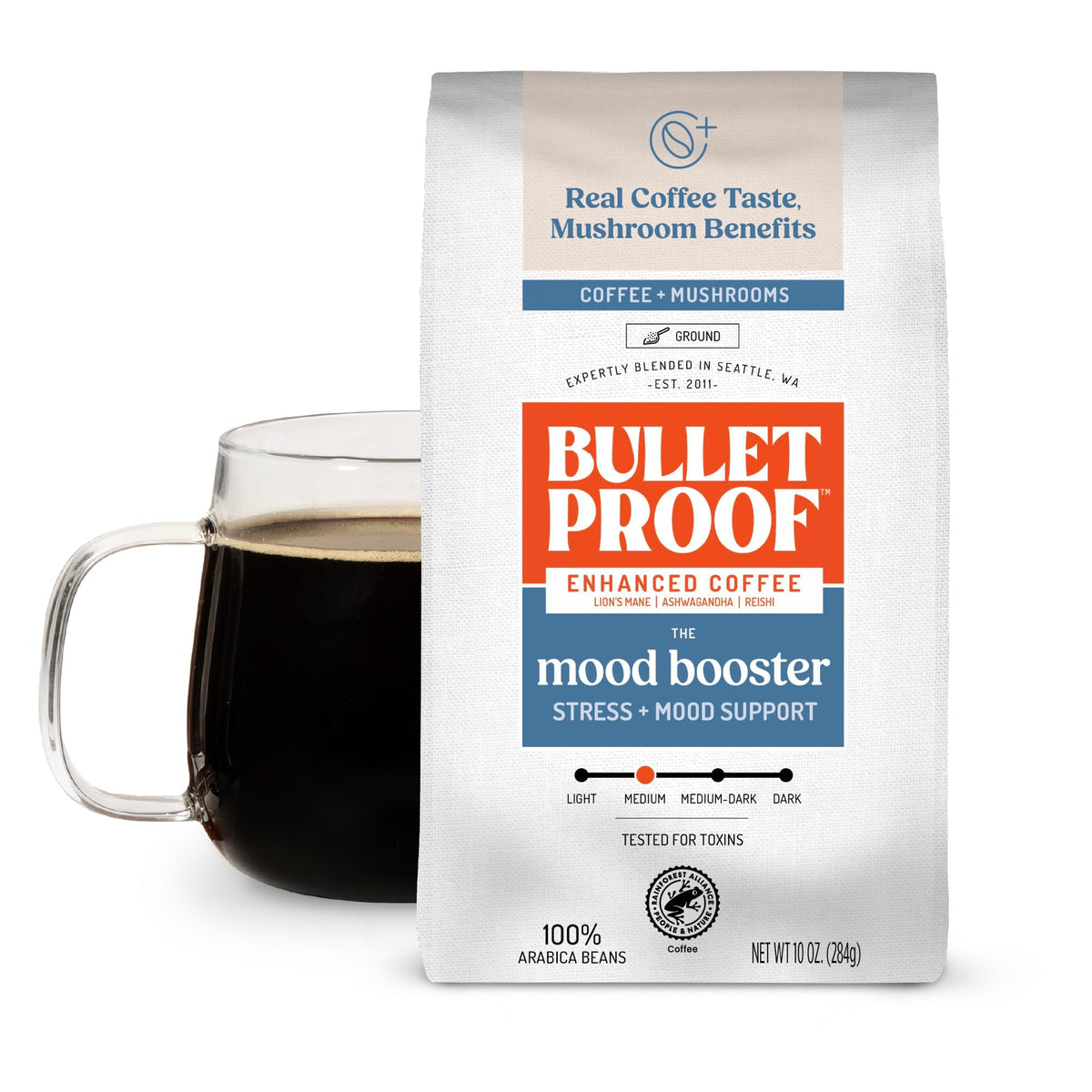 Bulletproof frente del paquete mostrando 10 oz y diseño claro, muestra calidad