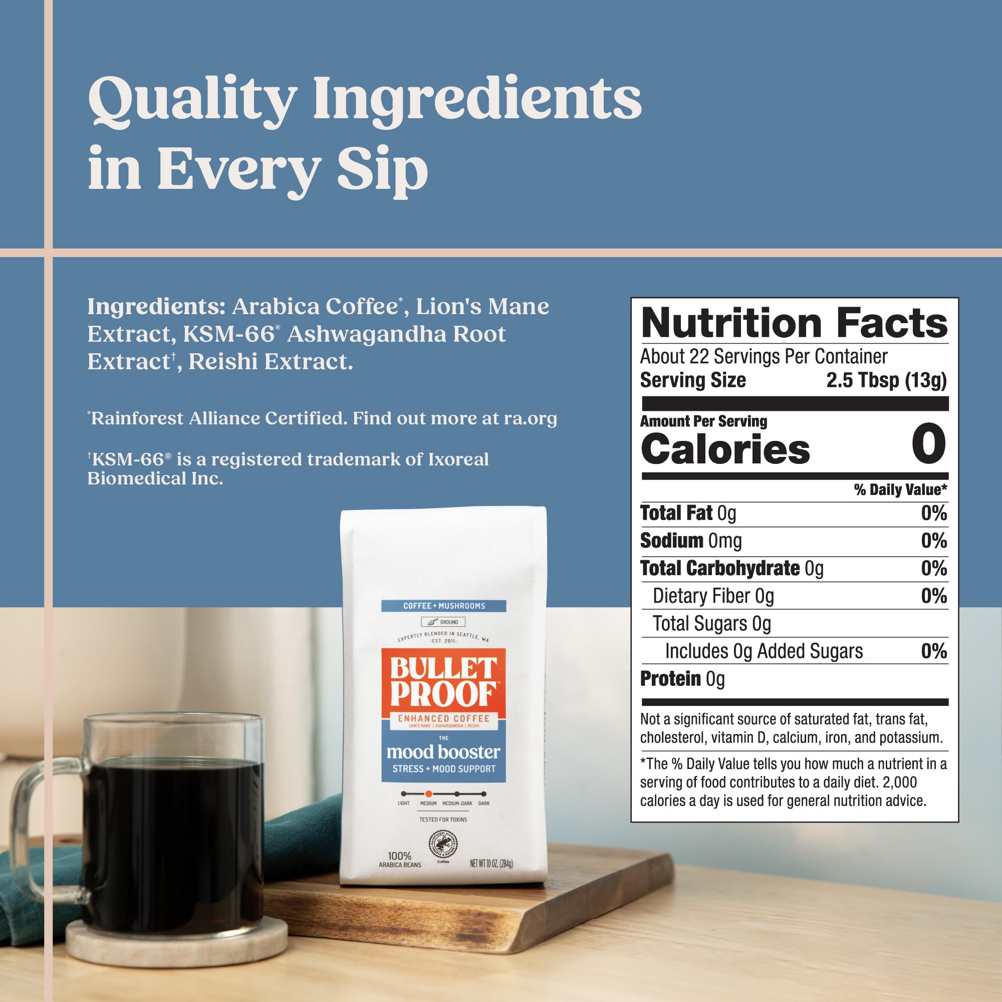 Bulletproof mano sosteniendo ingredientes adaptogénicos para beneficio funcional