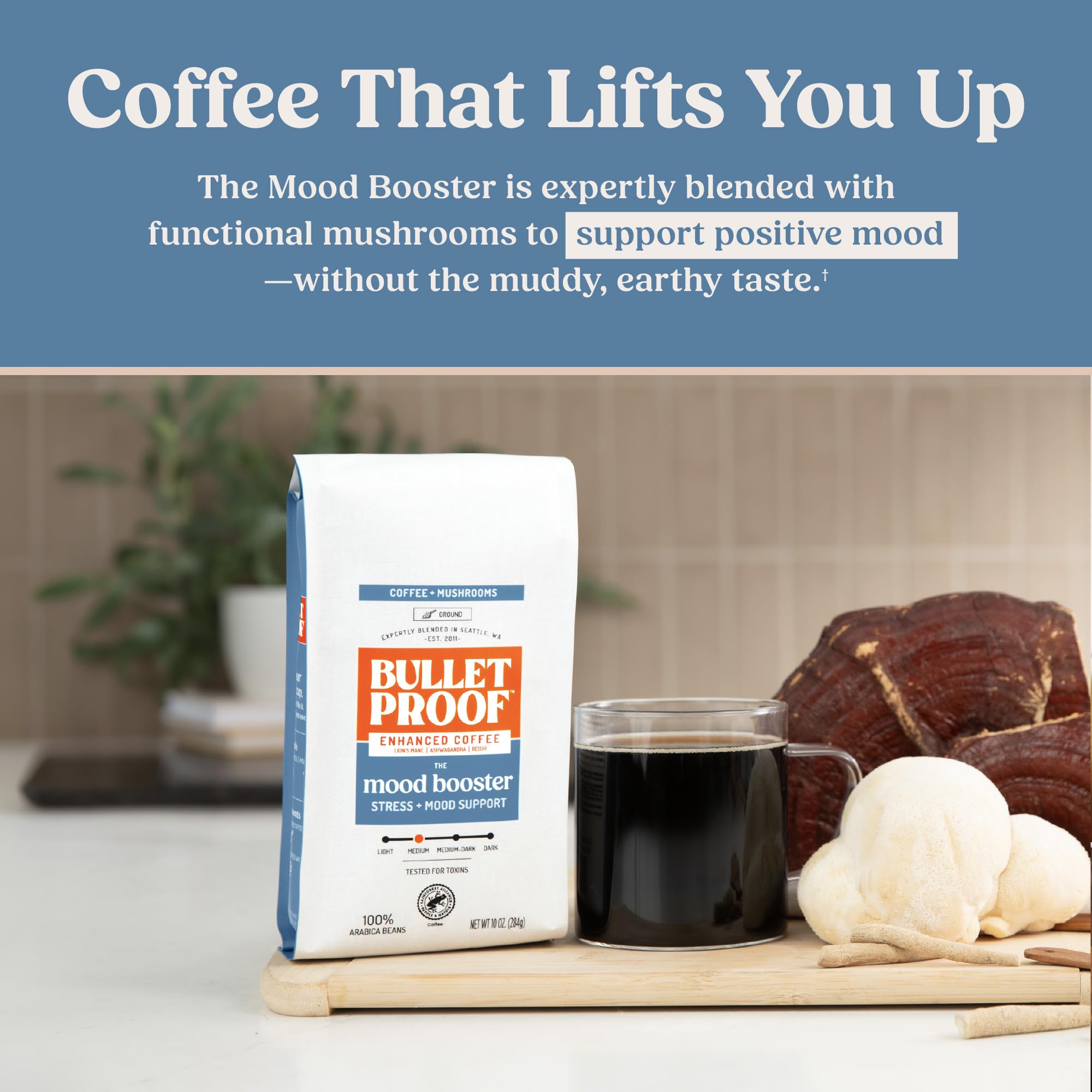 Bulletproof taza servida lista que sugiere energía equilibrada y enfoque