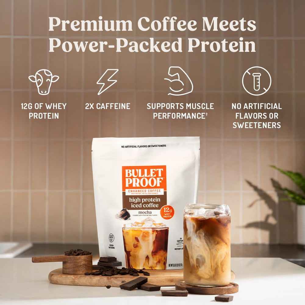 Bulletproof textura del polvo mocha en primer plano, proteína fácil de disolver
