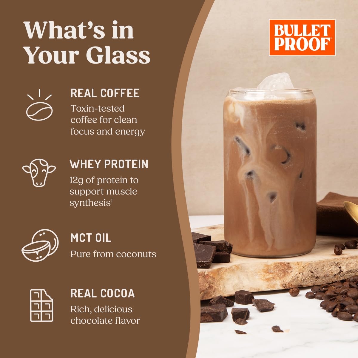 Bulletproof vaso servido con hielo, bebida fría lista y energizante
