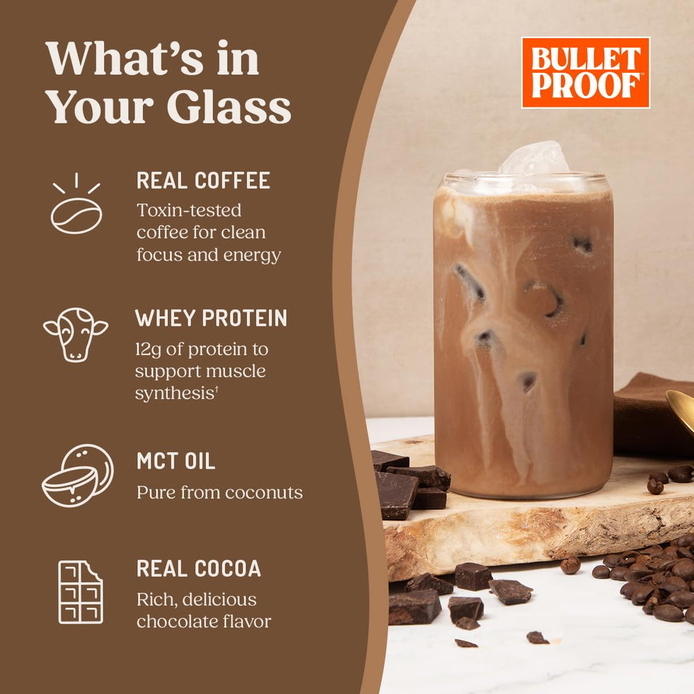 Bulletproof vaso servido con hielo, bebida fría lista y energizante