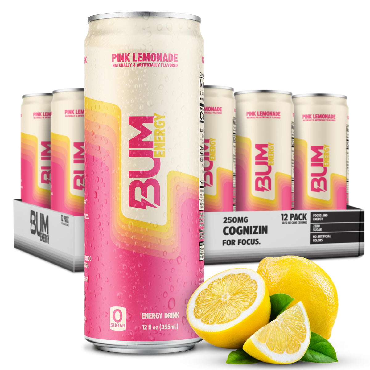 BUM lata frontal Pink Lemonade mostrando diseño y beneficio refrescante