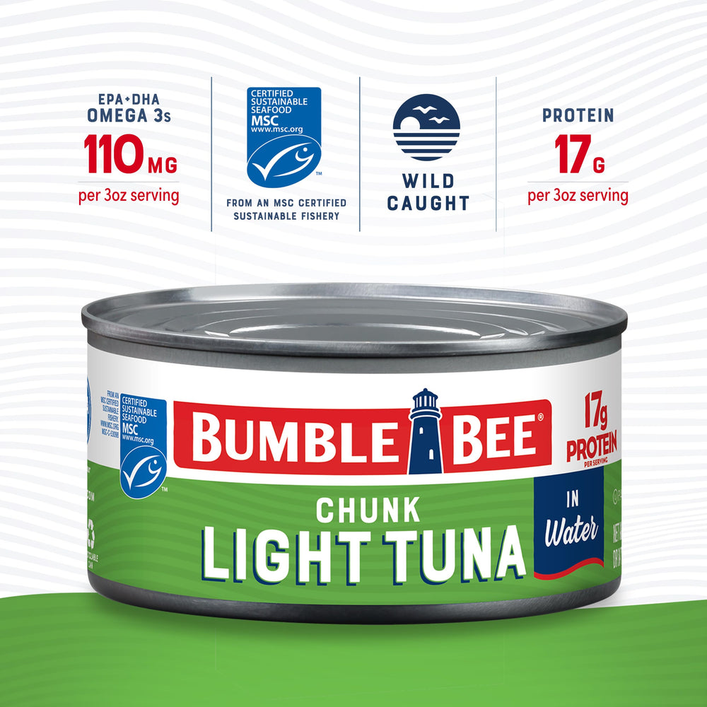 Bumble Bee lata abierta con atún en agua lista para usar y facilidad de preparación