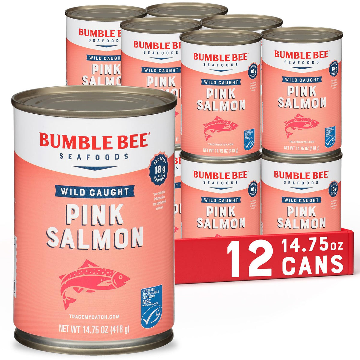 Bumble Bee lata frontal del salmón rosado salvaje mostrando marca y tamaño