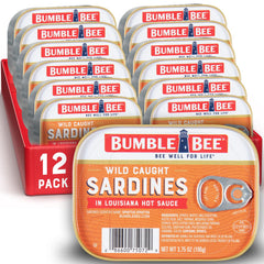 Bumble Bee sardinas presentación frontal mostrando lata y salsa picante