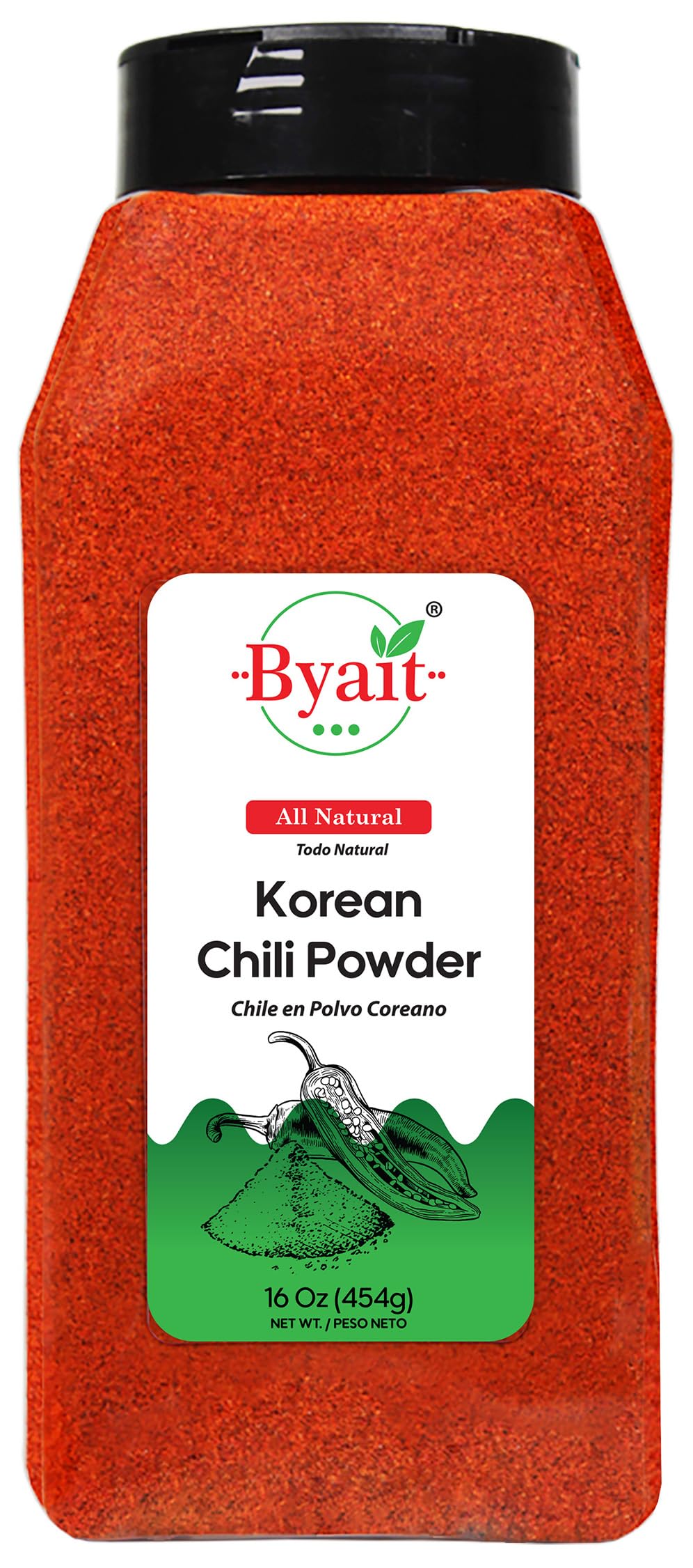 Byait frasco frente mostrando el polvo rojo vibrante y práctica tapa