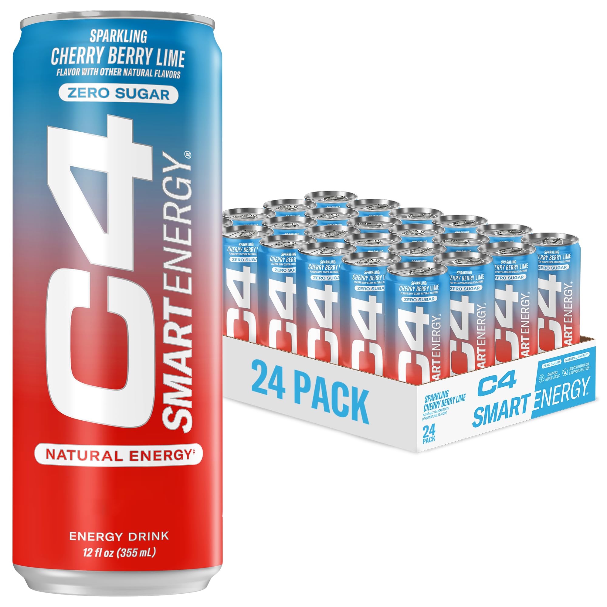 C4 lata frontal Cherry Berry Lime mostrando etiqueta clara y beneficio de energía