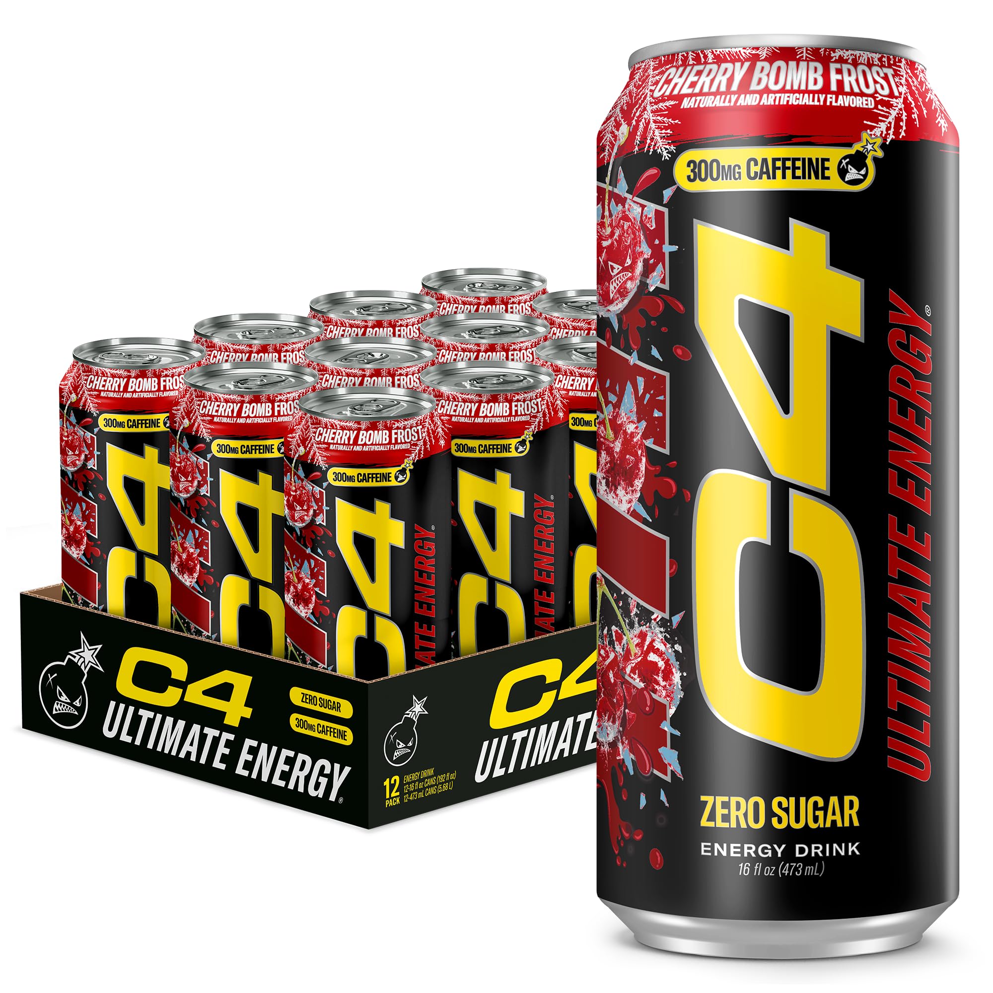 C4 lata frontal Cherry Bomb Frost mostrando diseño y beneficio refrescante
