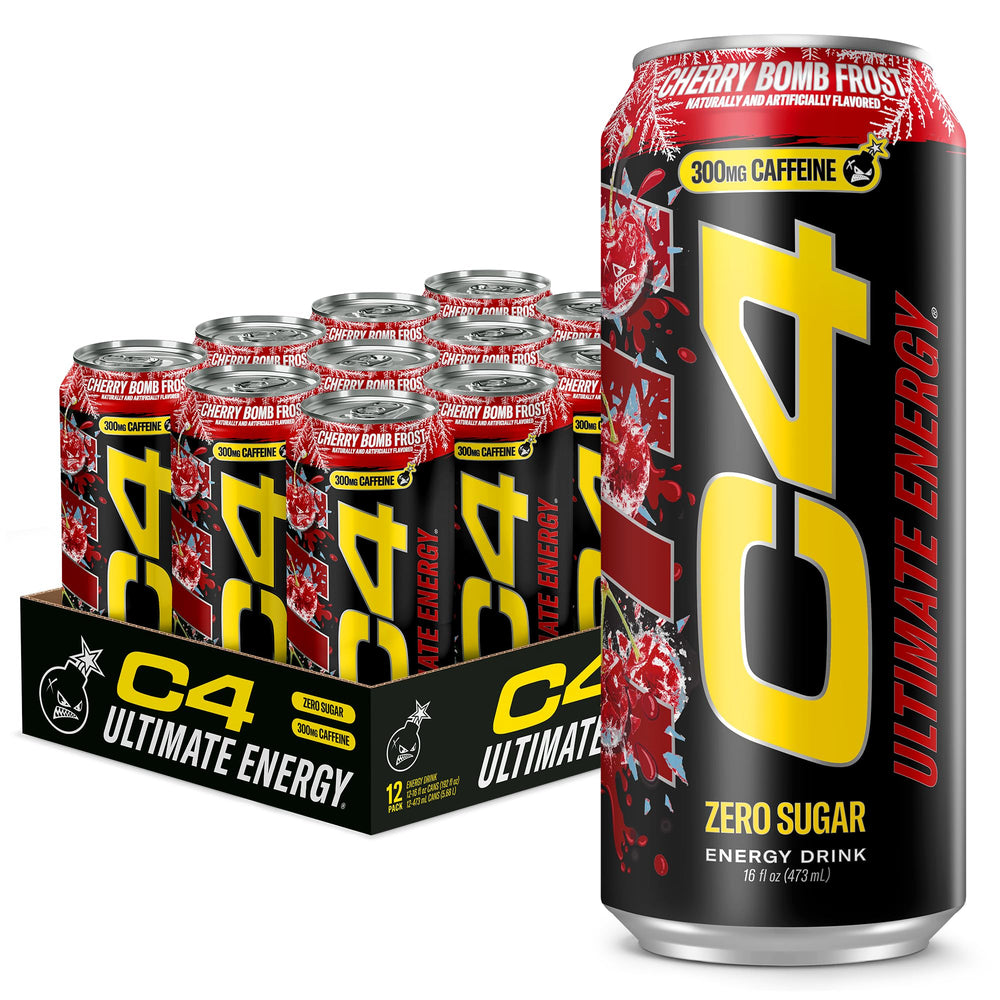 C4 lata frontal Cherry Bomb Frost mostrando diseño y beneficio refrescante