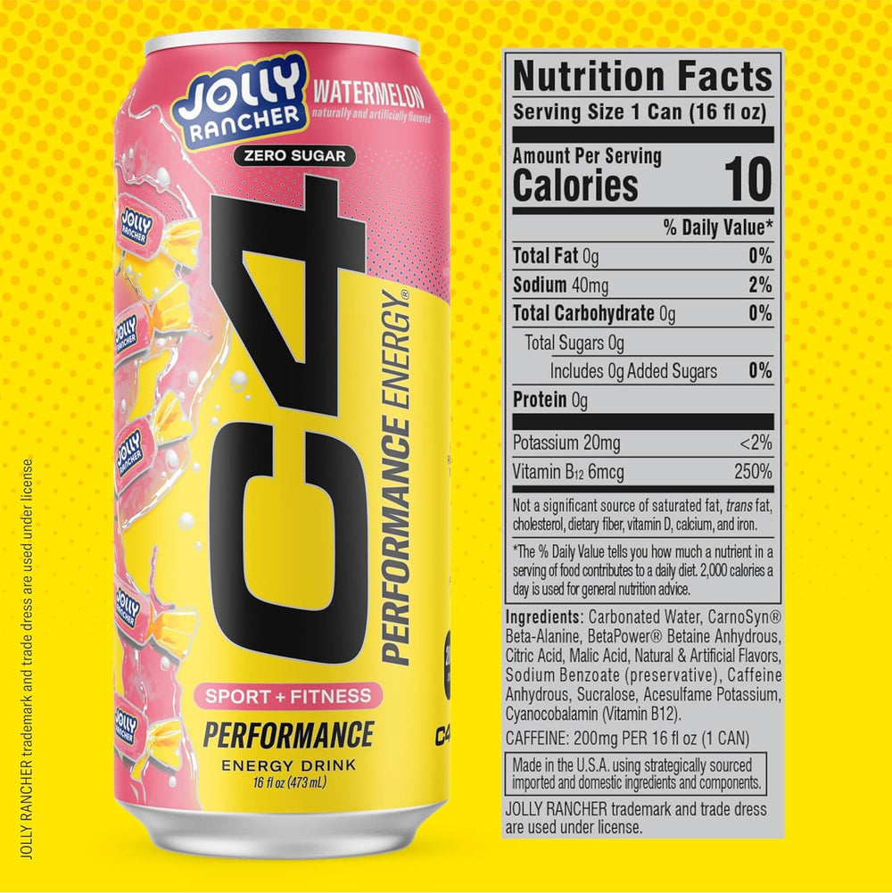 Las cuatro latas C4 Jolly Rancher alineadas mostrando sabores variados