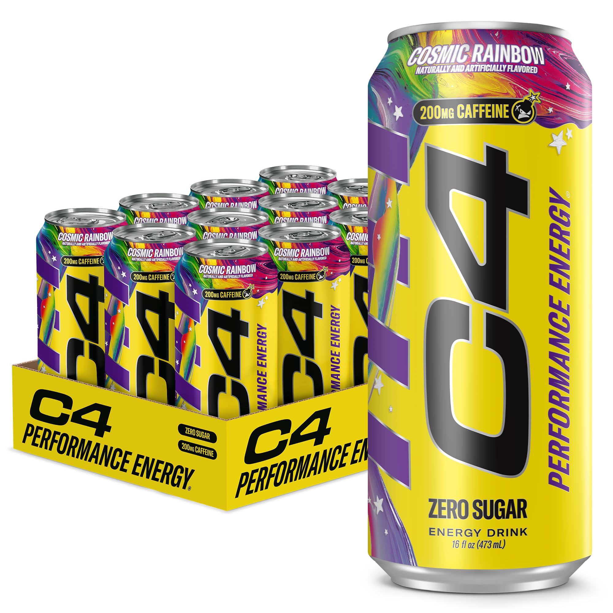 C4 lata Cosmic Rainbow al frente mostrando diseño y energía inmediata