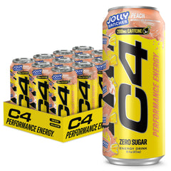 C4 lata Jolly Rancher Peach vista frontal mostrando diseño y marca, energía portátil