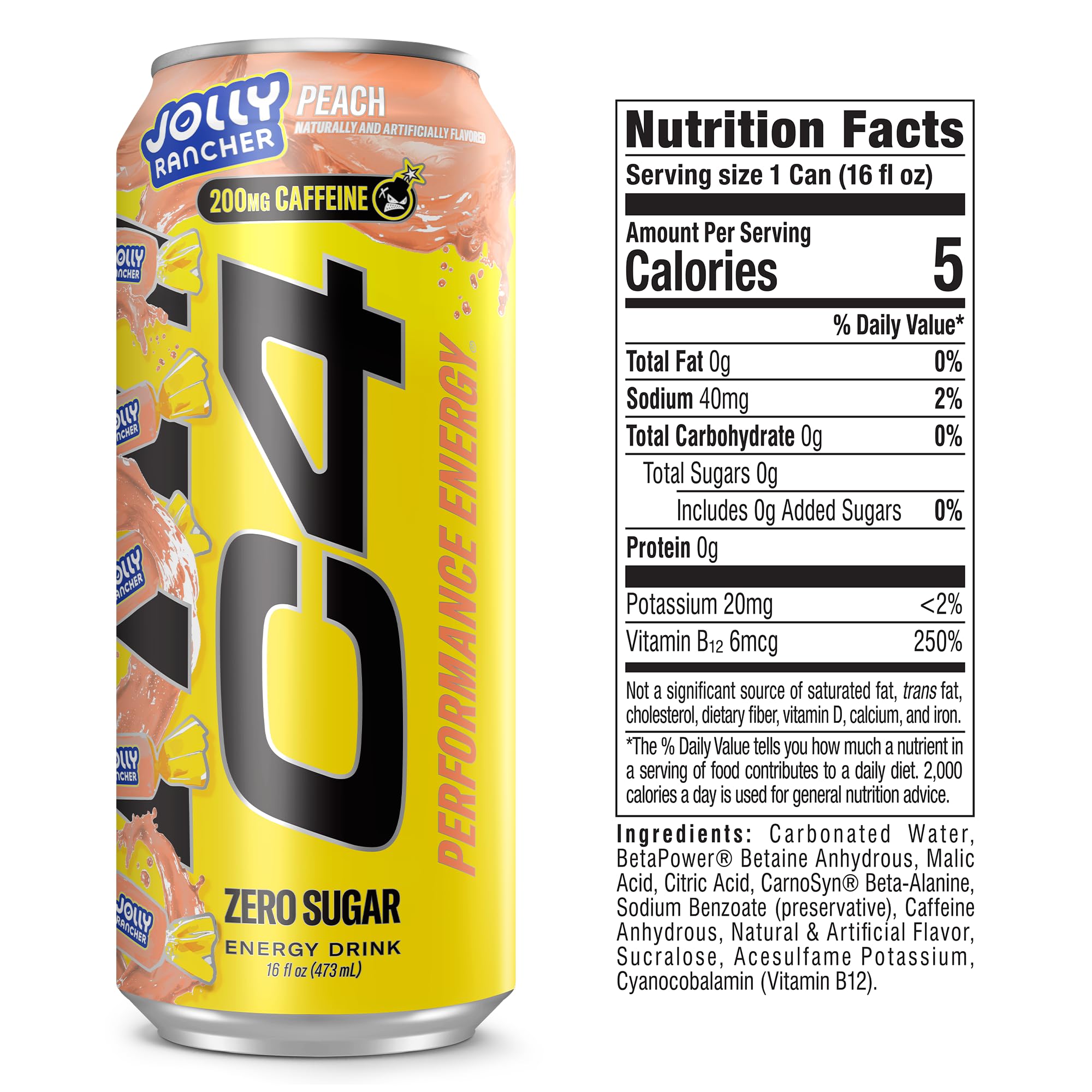 C4 lata Jolly Rancher Peach en mano para comparar tamaño, práctico para entrenar