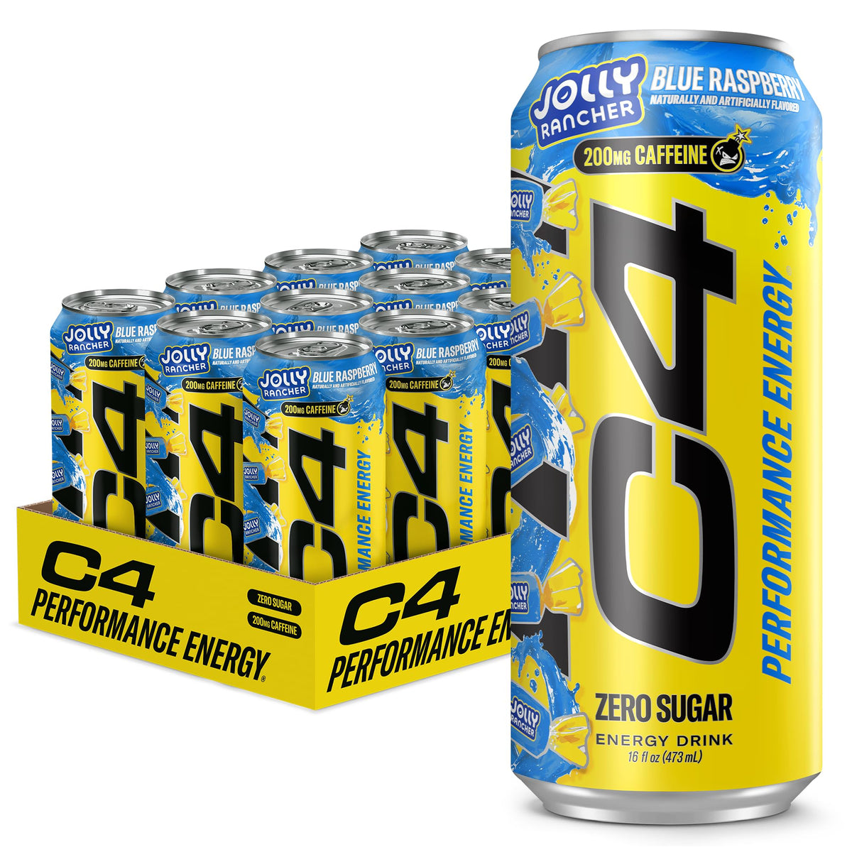 C4 lata Blue Raspberry frente mostrando diseño y sabor intenso