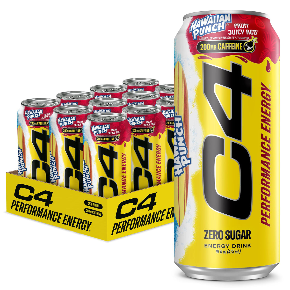 C4 lata frontal Hawaiian Punch mostrando diseño y energía lista para beber
