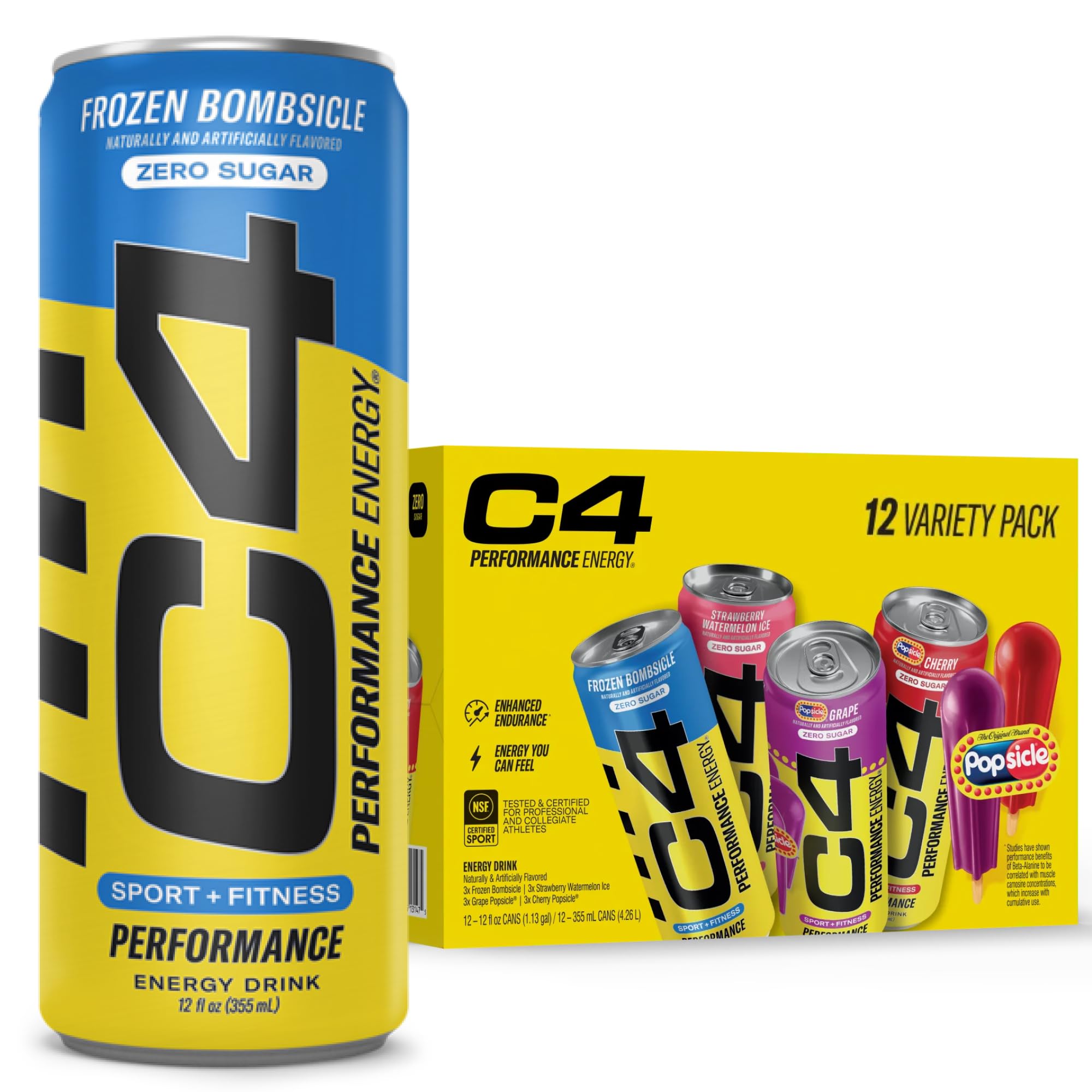 C4 pack frontal mostrando 12 latas Popsicle para energía inmediata
