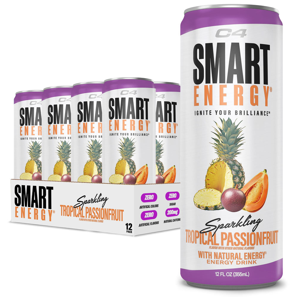 C4 lata frontal Tropical Passionfruit mostrando diseño y energía instantánea