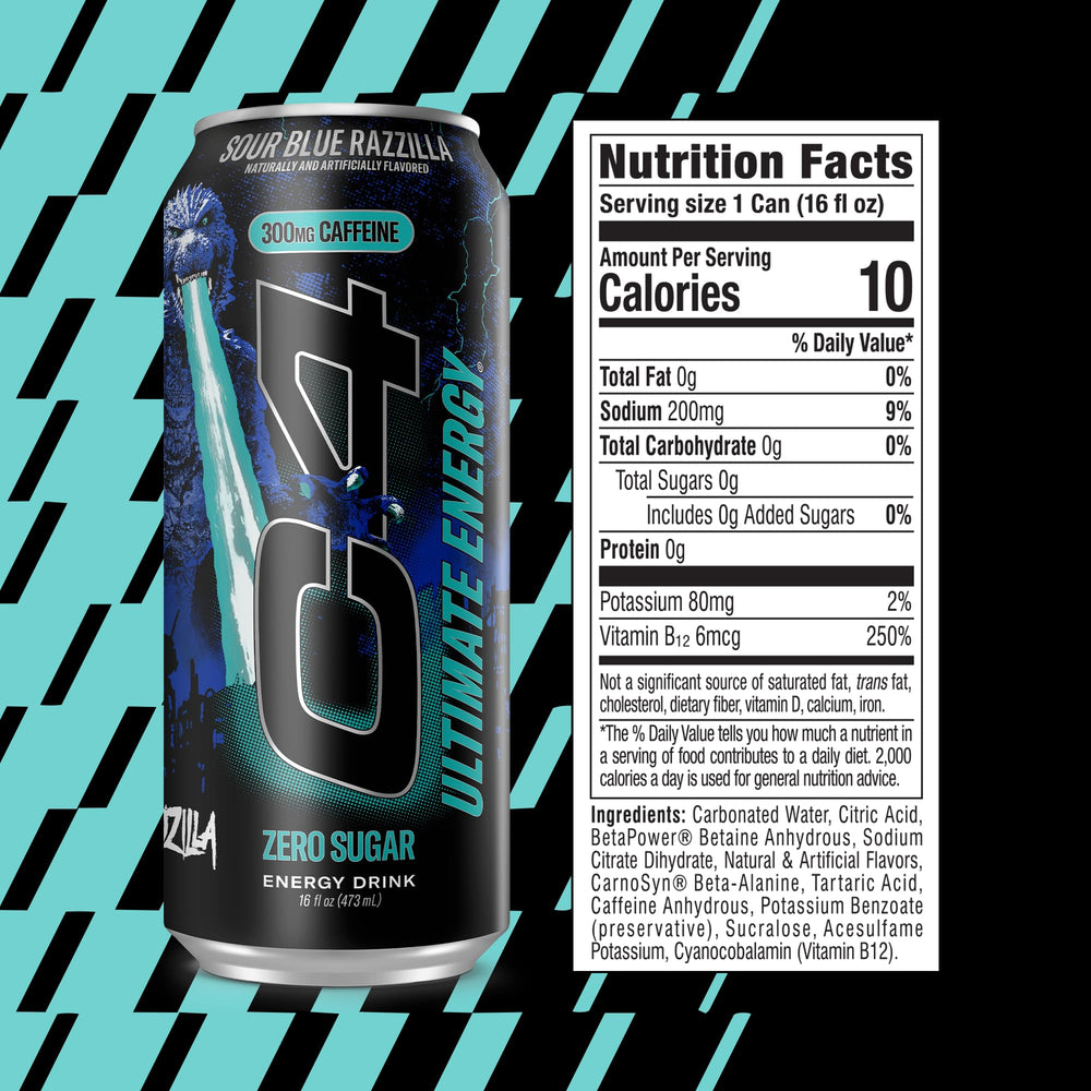 C4 detalle de lata Sour Blue Razzilla enfoque en etiqueta y 300mg café