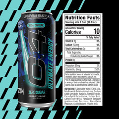 C4 detalle de lata Sour Blue Razzilla enfoque en etiqueta y 300mg café